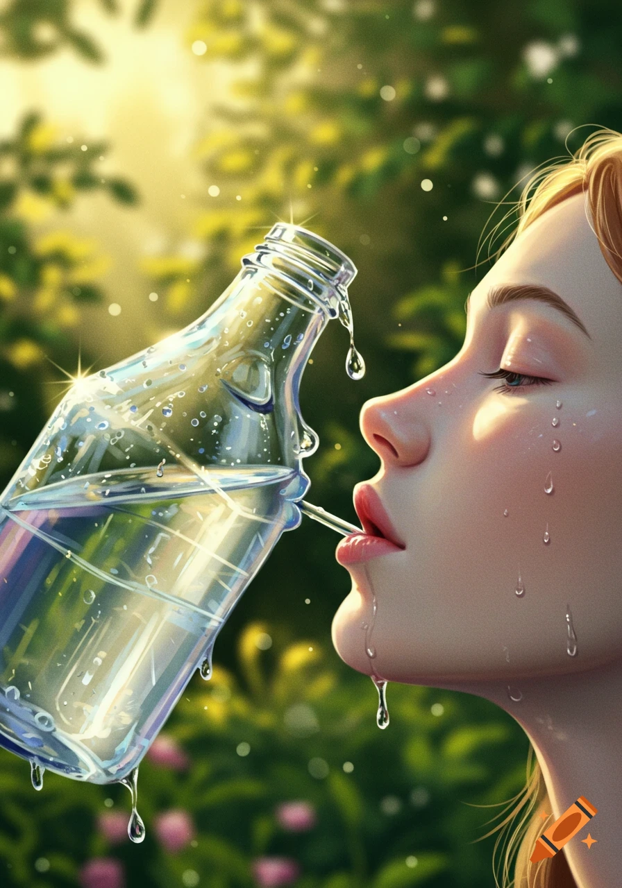 A surreal digital artwork shows a clear water bottle drinking from a person's mouth, with glistening water droplets in a sunny natural setting.