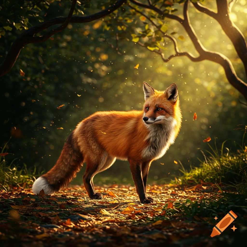 A photorealistic fox stands on a forest path covered with autumn leaves ...
