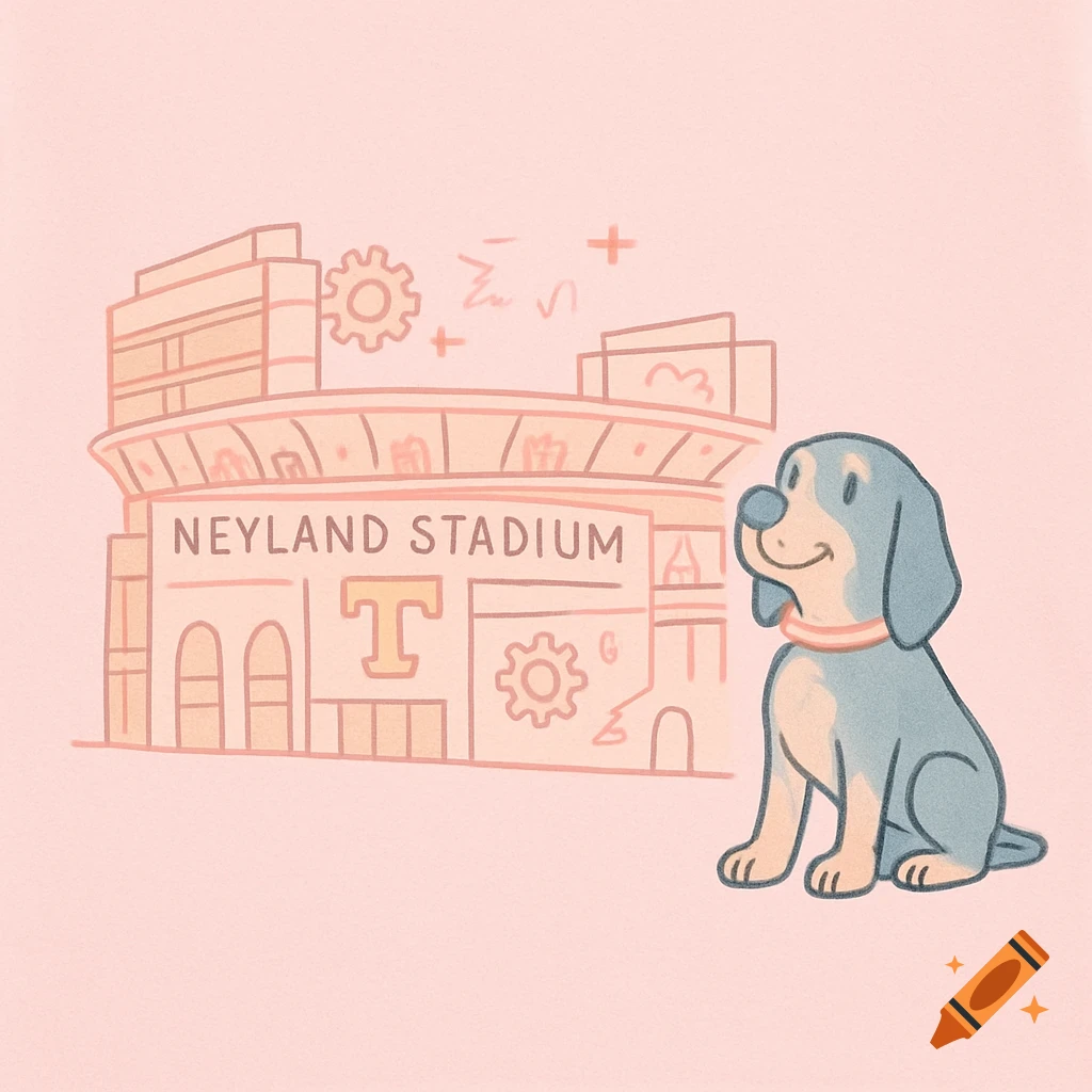 A cute blue and beige dog sits in front of a pink outlined Neyland Stadium illustration with subtle STEM elements.