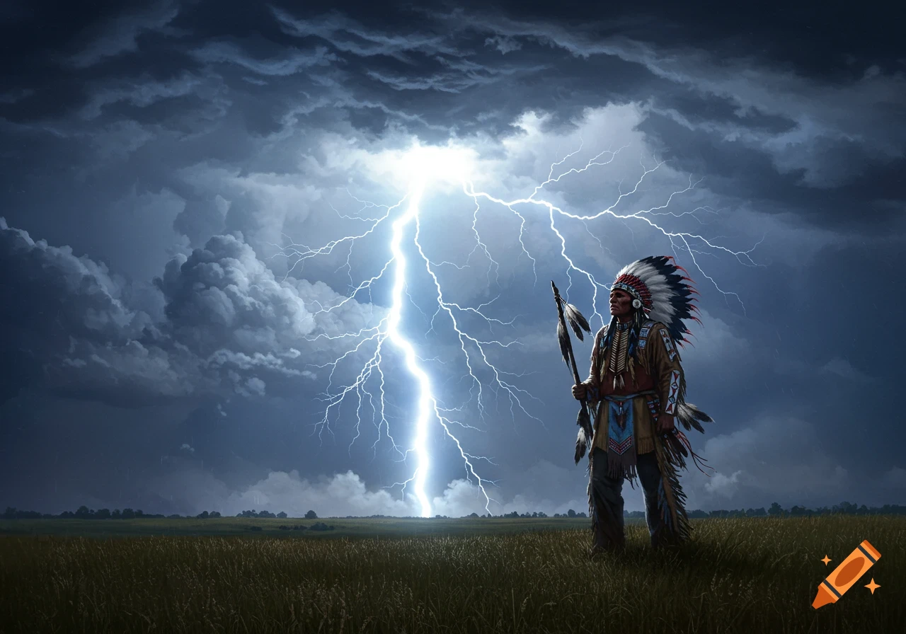 An illustrated Native American man in a feathered headdress stands in a field as a massive lightning bolt strikes from a dark stormy sky.