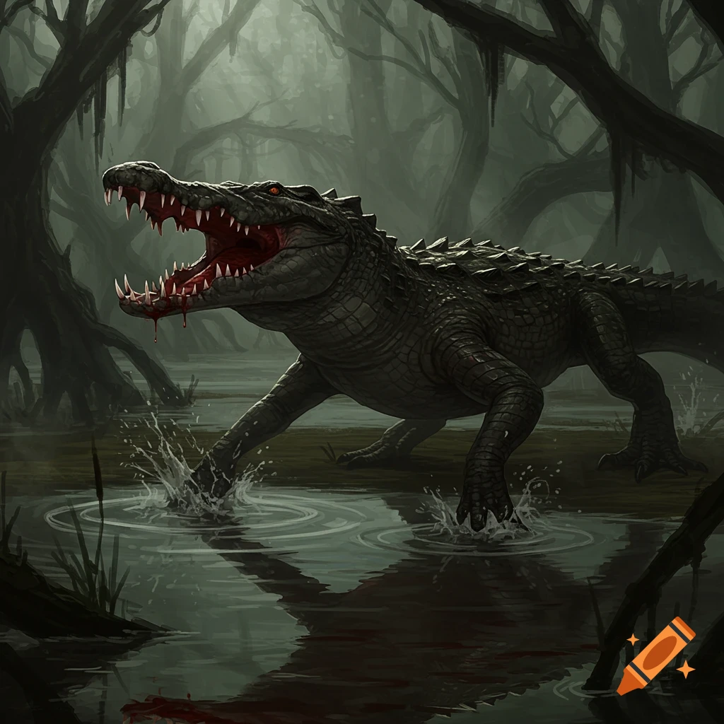 A fierce, alligator-like creature with glowing red eyes and blood-dripping teeth roars in a dark, misty swamp. Dark fantasy illustration.