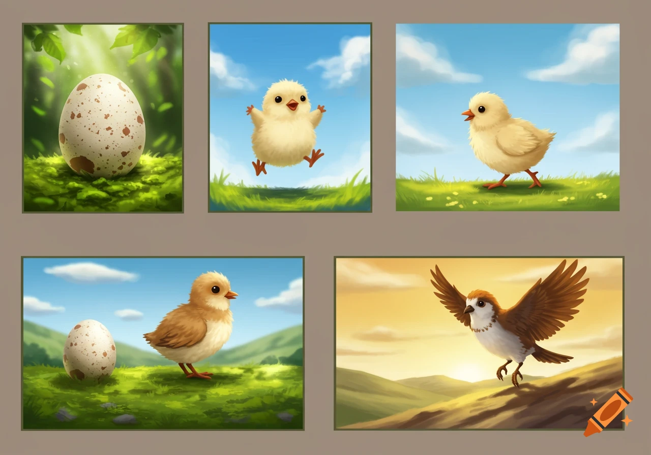 Five cartoon illustrations depicting the life stages of a bird: an egg, fluffy chicks, and an adult bird in natural outdoor settings.