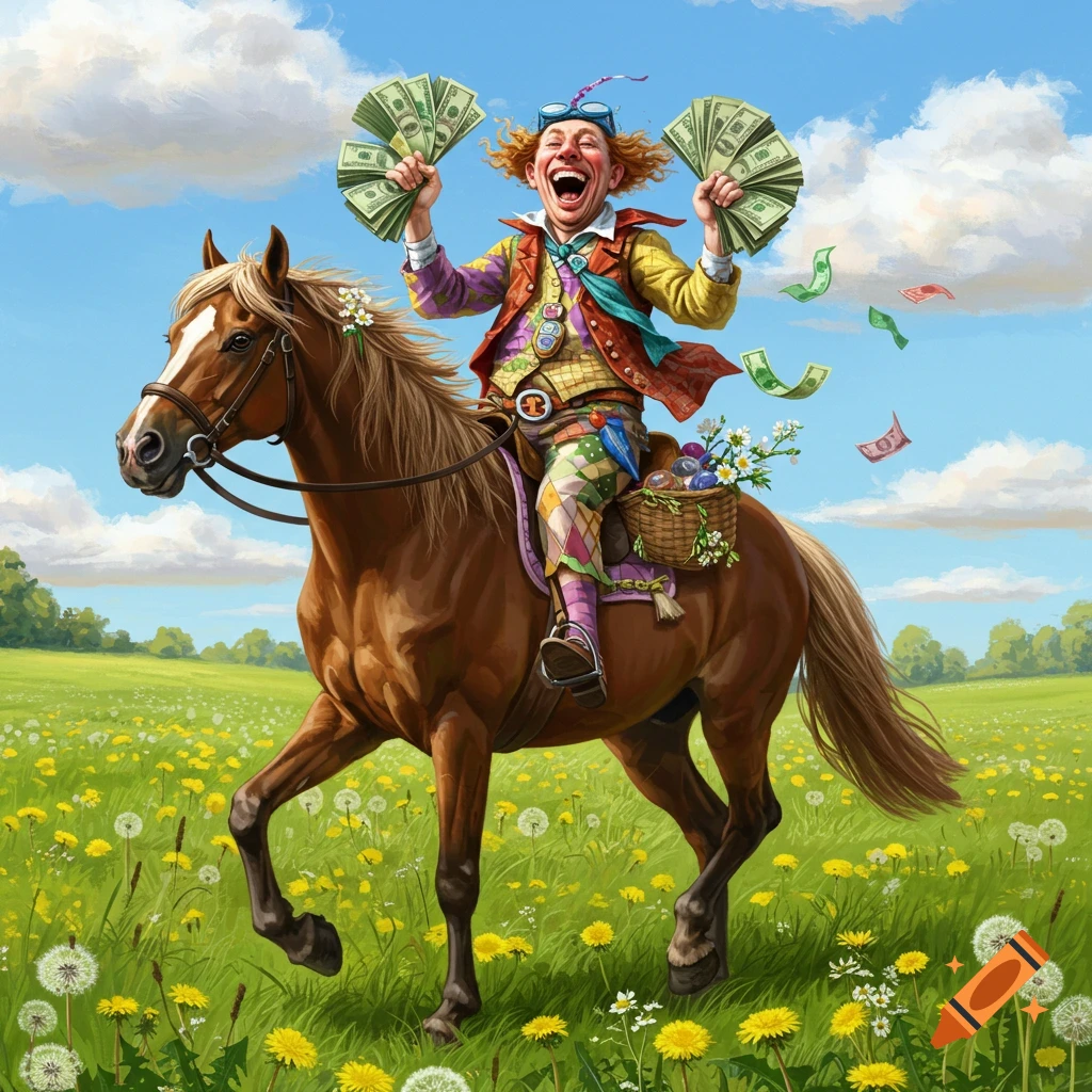 A goofy, whimsical man with wild hair, wearing colorful clothes, rides a horse through a field of dandelions, joyfully holding up fans of money. More money flies in the air.