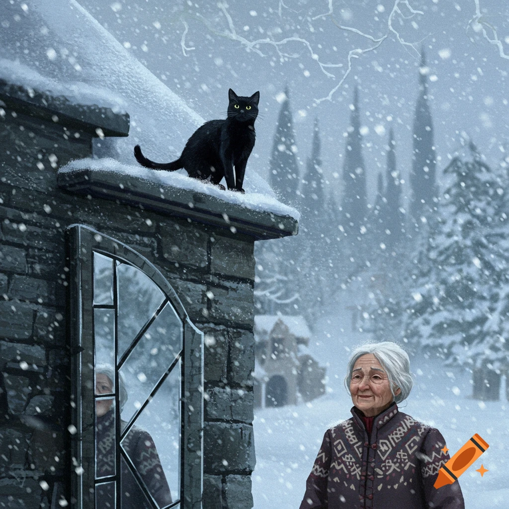 A black cat sits on a snowy stone roof above an old lady in a winter coat, with distant castles in a snowy landscape.