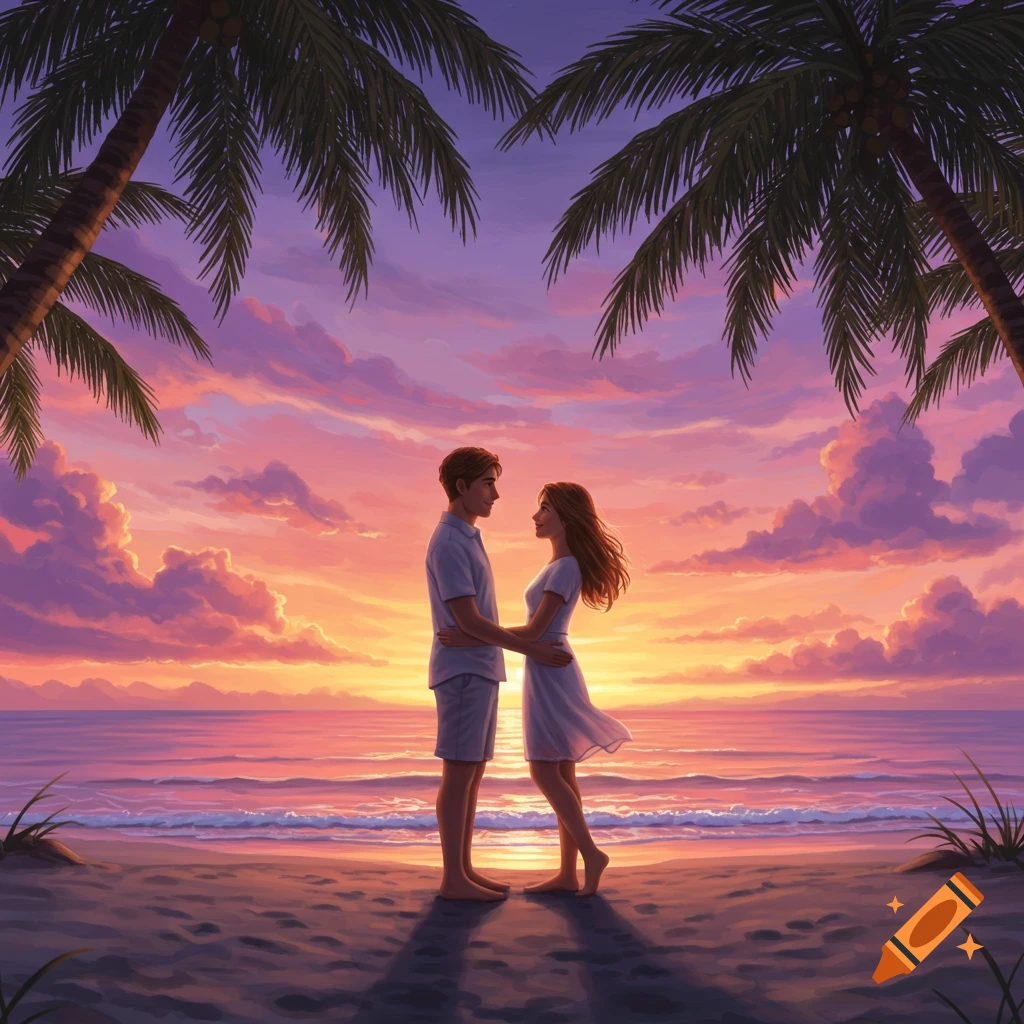 A man and woman embracing on a tropical beach at sunset, with palm trees framing the vibrant pink and orange sky over the ocean.