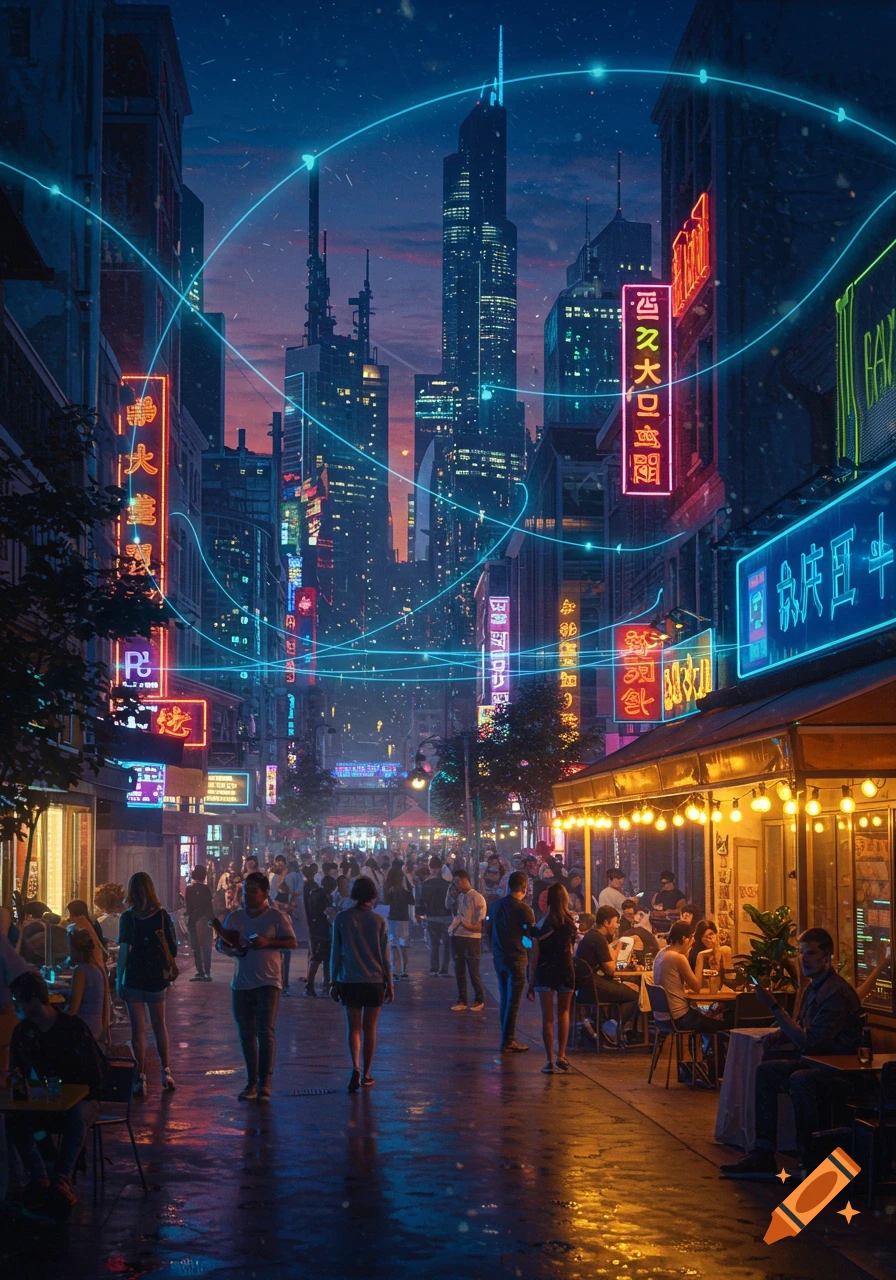 A crowded, neon-lit cyberpunk city street at night, with towering skyscrapers and glowing blue data lines connecting buildings.