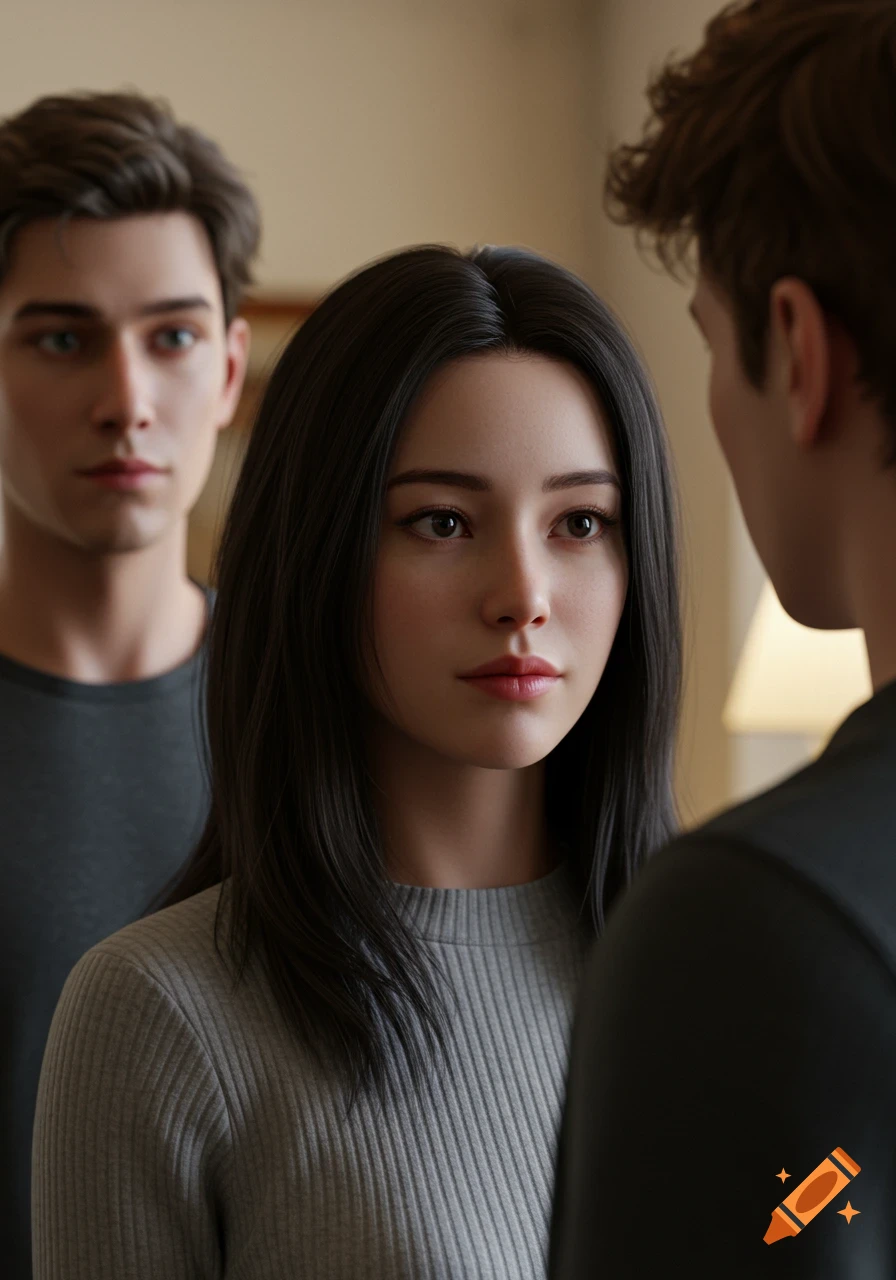 A photorealistic image of a young woman with dark hair in a gray ribbed top, looking at a man whose back is to the viewer. Another man is blurred in the background.