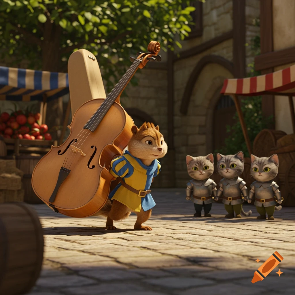 A cartoon chipmunk in a blue and yellow tunic carries a large cello on its back past three small armored kittens in a medieval town square.
