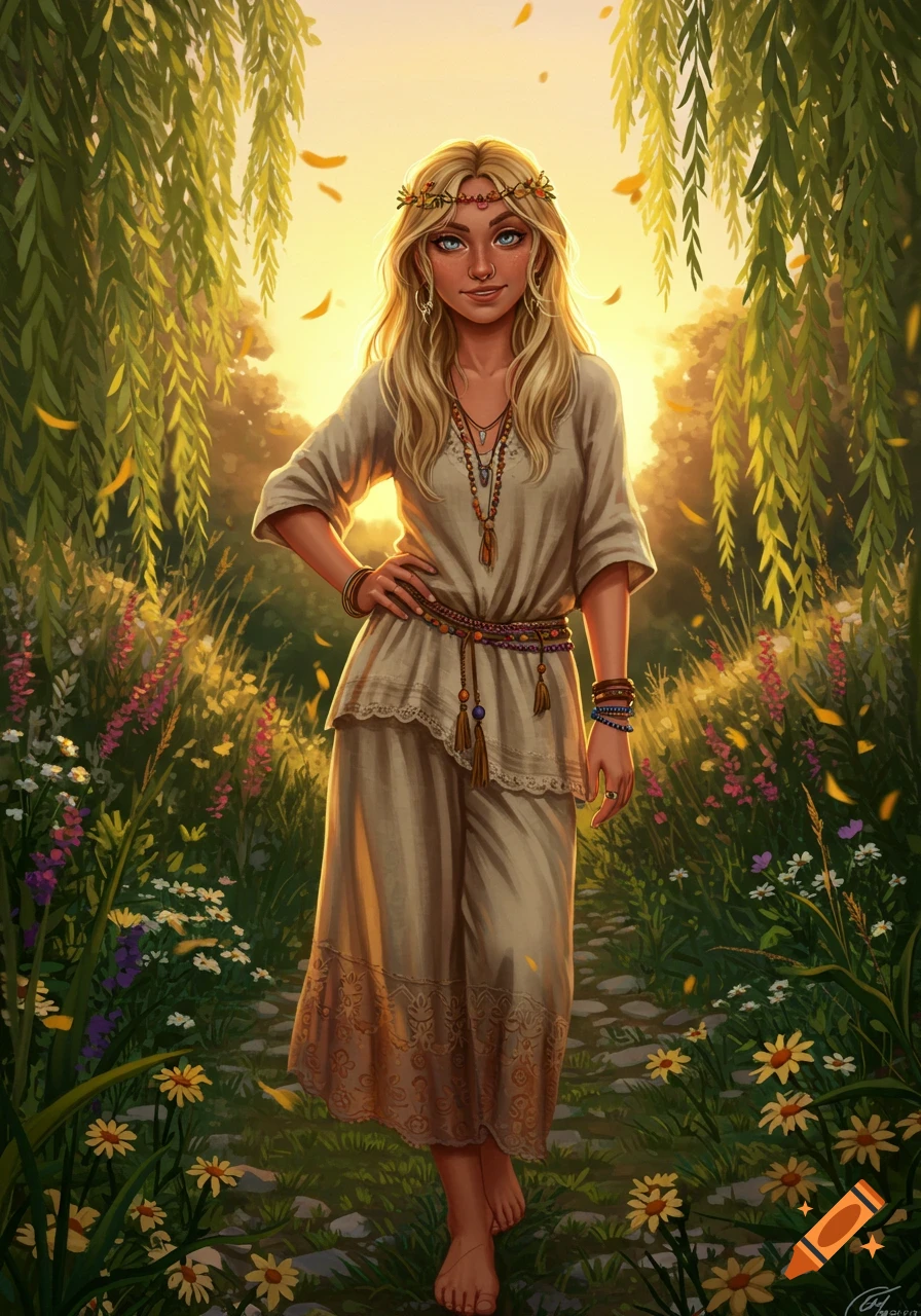 An illustrative portrait of a blonde woman wearing a flower crown and hippie-style clothes, standing barefoot on a path in a sunny, flower-filled forest.