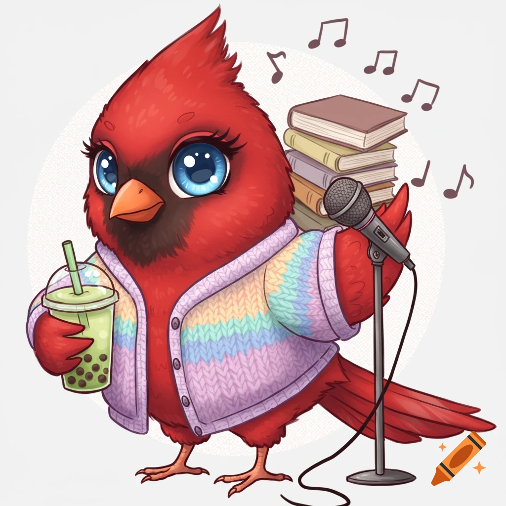 Cute cartoon red cardinal wearing a rainbow cardigan, holding boba tea and a microphone, with books and music notes in the background.