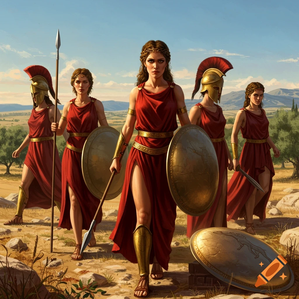 Five Spartan women warriors in red tunics and gold armor stand with spears and shields on a rocky, arid landscape under a clear sky.