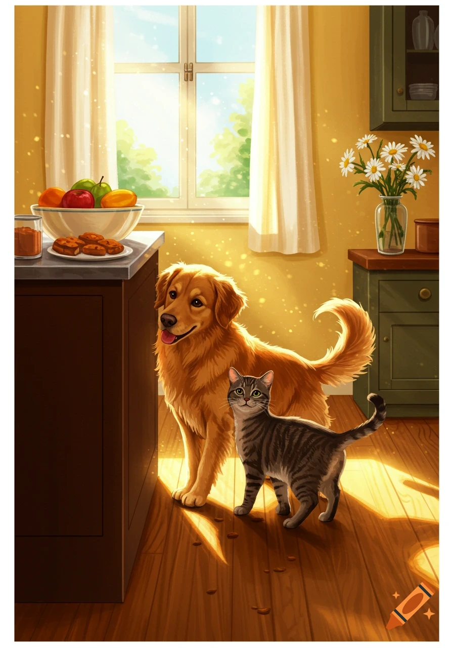 A golden retriever and a tabby cat stand in a sun-drenched kitchen, looking up at a counter with a bowl of fruit and pastries in an illustrated style.