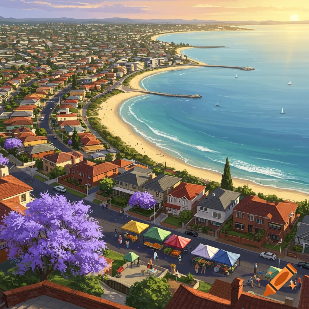 Illustrative aerial view of a vibrant coastal town with a beach, houses, purple trees, and a street market at sunset.