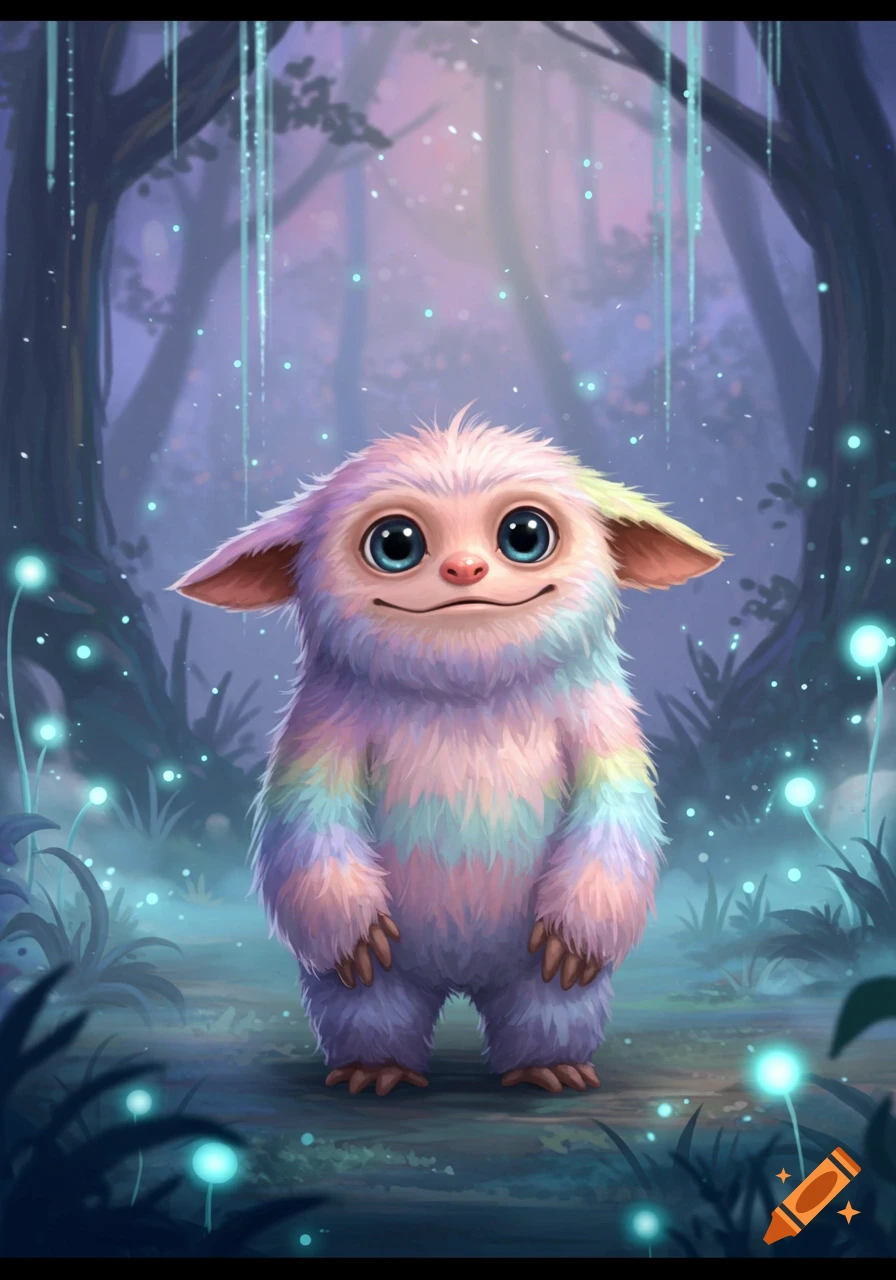 A cute, fluffy creature with rainbow fur and big blue eyes stands in a magical forest with glowing blue plants.