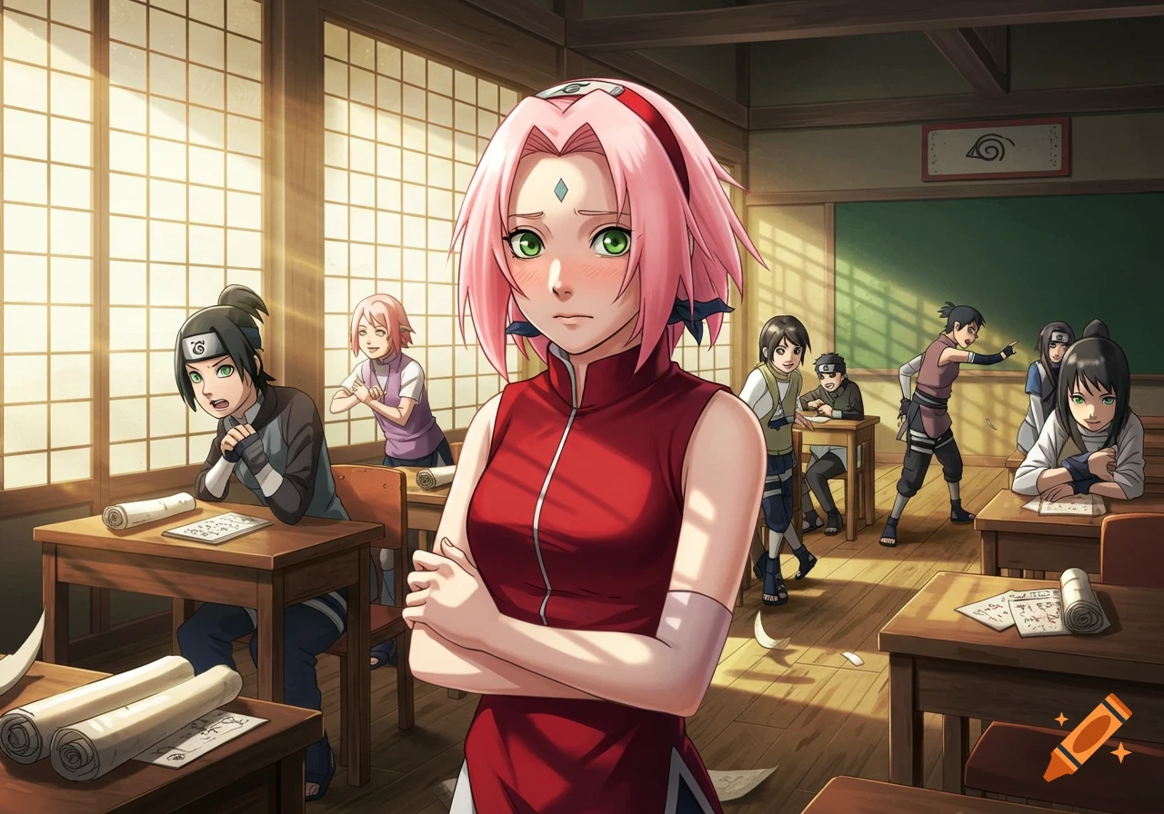 Sakura Haruno stands embarrassed in a classroom with crossed arms, while other anime-style students interact in the background.