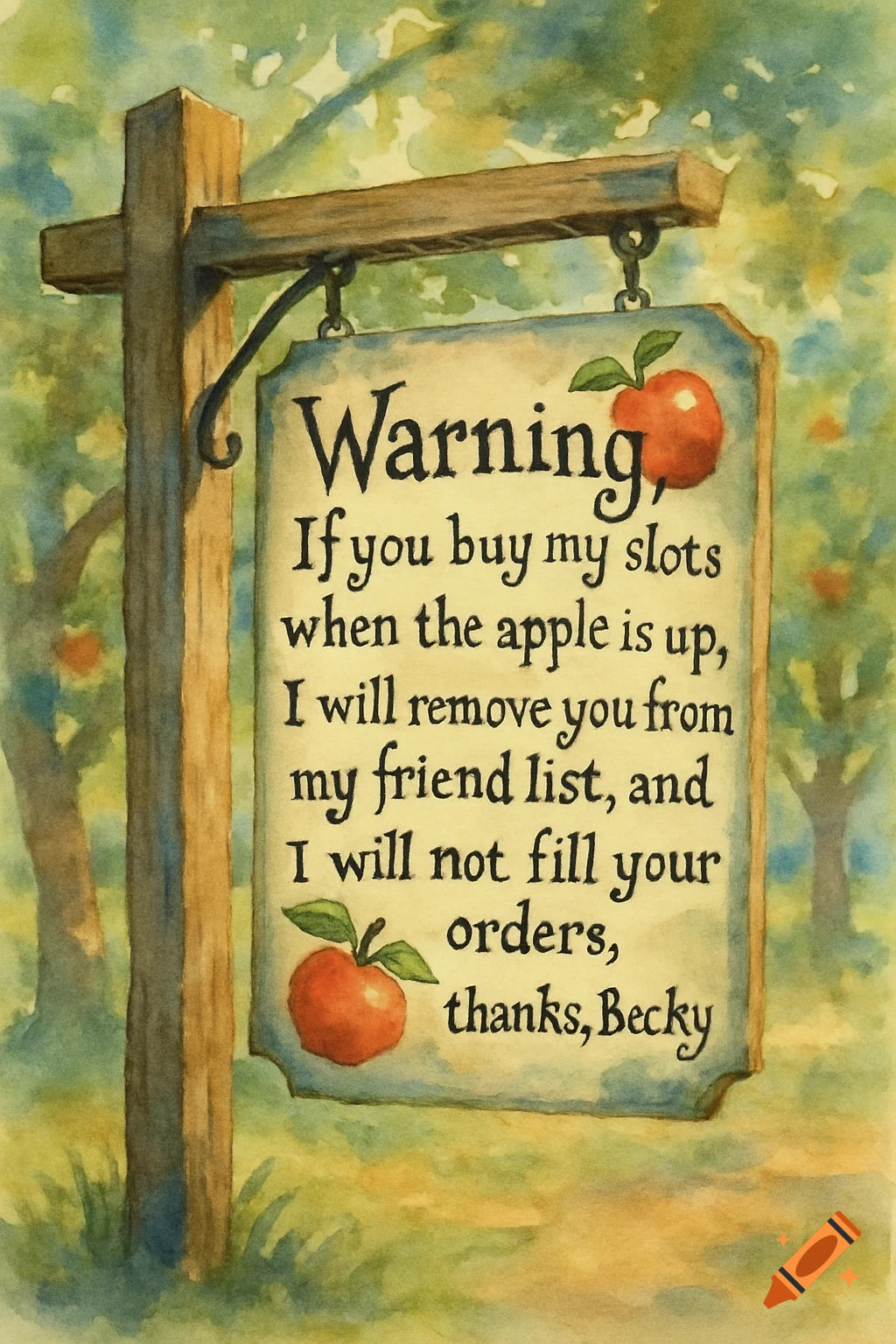 Watercolor painting of a wooden sign in an apple orchard with a warning message signed Becky.