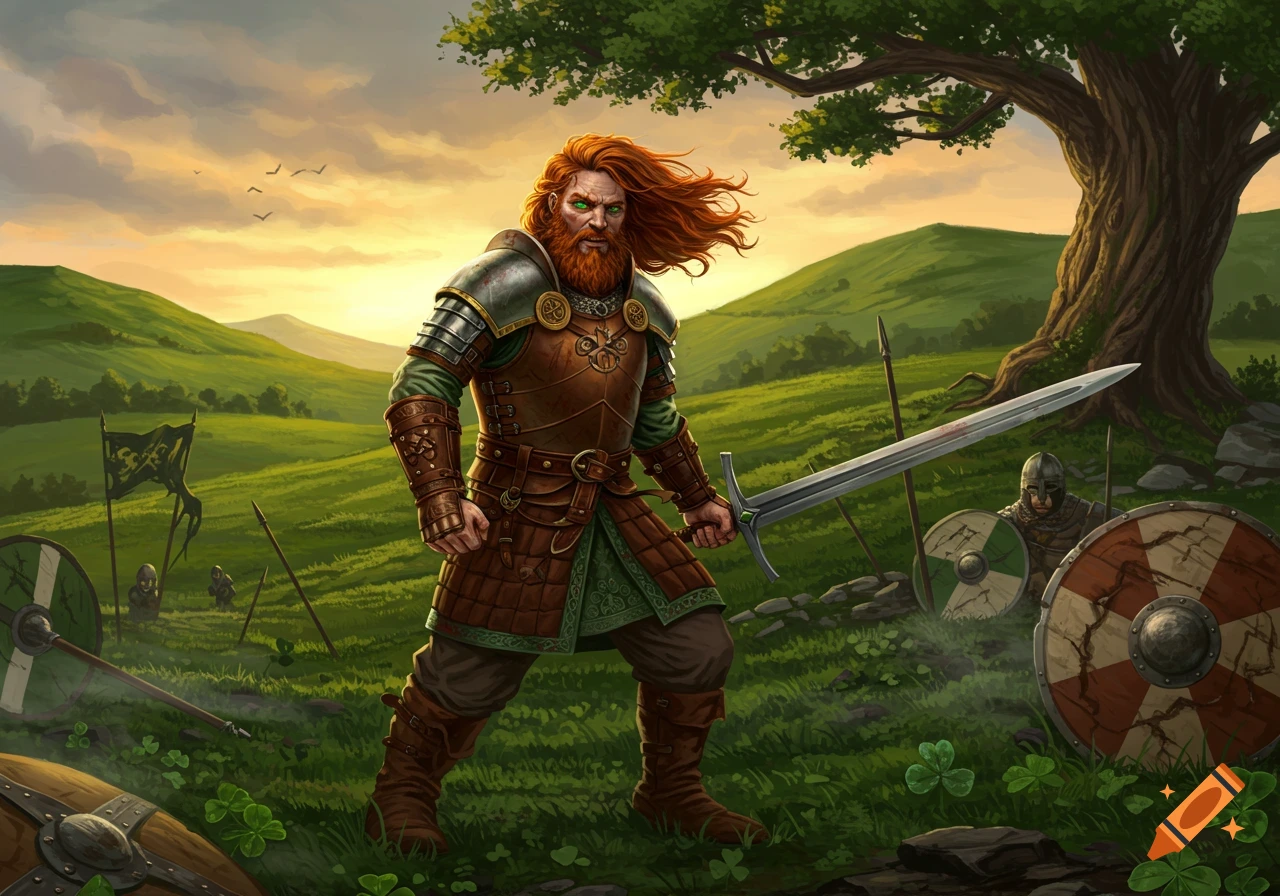 Red-haired Celtic warrior in armor wields a sword in a lush green, hilly landscape at sunset, with shields and distant figures.