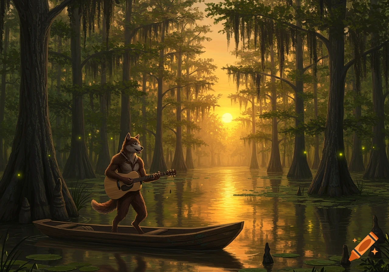 A rougarou plays guitar in a pirogue at sunset in a Louisiana swamp with cypress trees and Spanish moss.