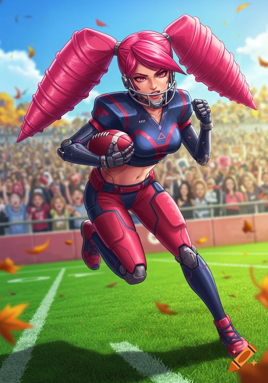 An anime-style female character with large pink pigtails, wearing a futuristic navy and red football uniform, runs with a football on a green field with a blurred crowd in the background.