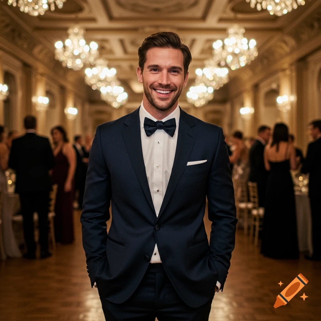 A smiling, well-dressed man in a dark blue tuxedo with a bow tie, standing in a grand ballroom with chandeliers.
