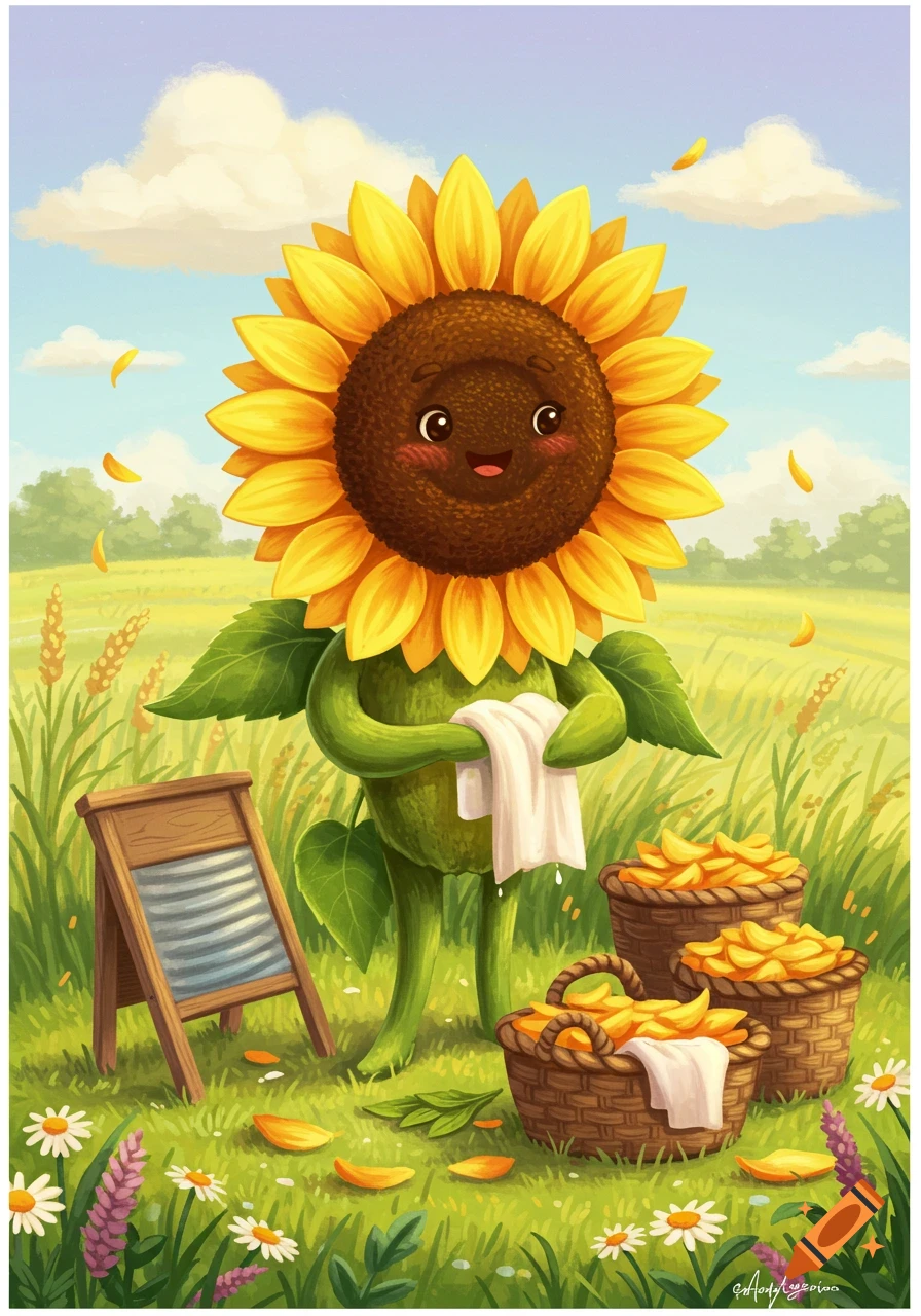 A cute anthropomorphic sunflower character holds a white cloth, standing near a washboard and baskets full of sunflower petals in a sunny green field.
