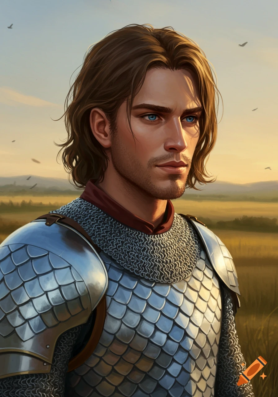Handsome medieval warrior with brown hair, blue eyes, in scale and chainmail armor, in a golden field at sunset.