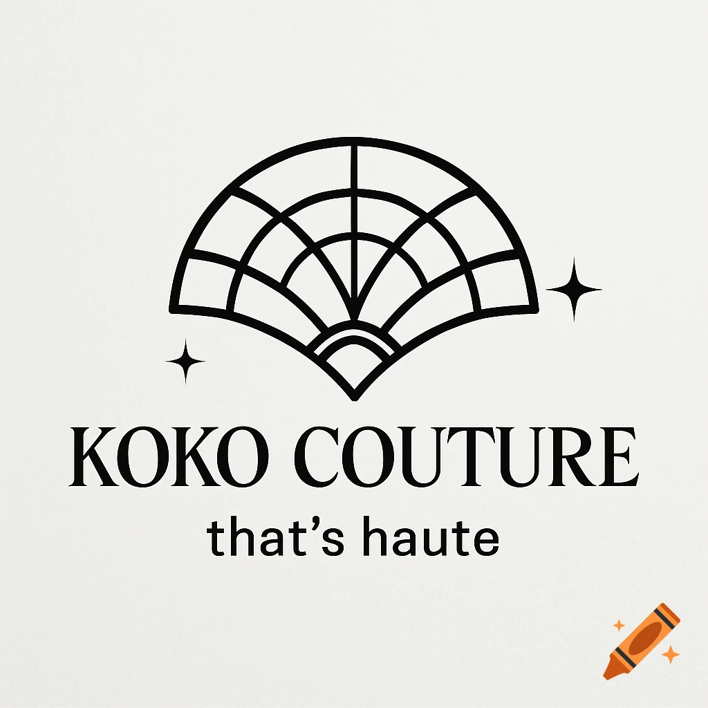 Black line art logo featuring a stylized geometric fan with two small stars, and the text 'KOKO COUTURE that's haute' on a white background.