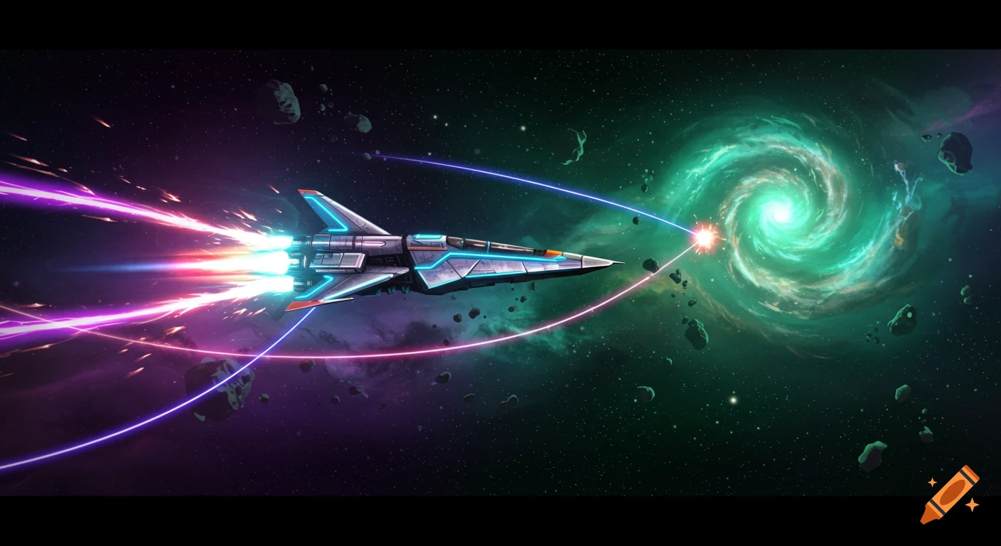 A vibrant spaceship with glowing blue details races through asteroid-filled space, firing lasers towards a swirling green nebula.