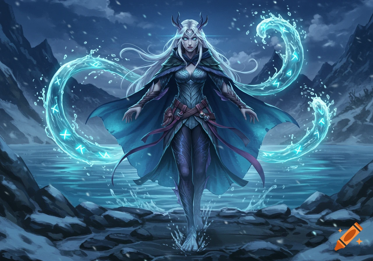 An anime-style fantasy water witch with glowing runes in water, standing in a snowy mountain landscape.