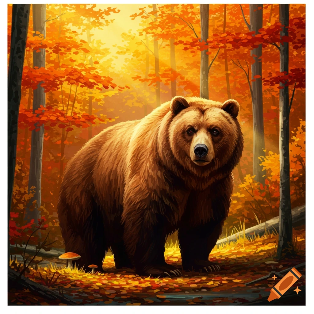 A brown bear stands prominently in a vibrant autumn forest, surrounded by orange and yellow foliage, in an illustrated style.