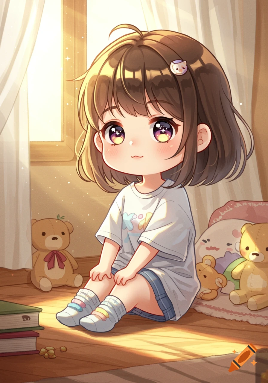 Chibi anime girl with brown hair sitting on a sunlit floor wearing an oversized t-shirt and socks, surrounded by teddy bears and books.