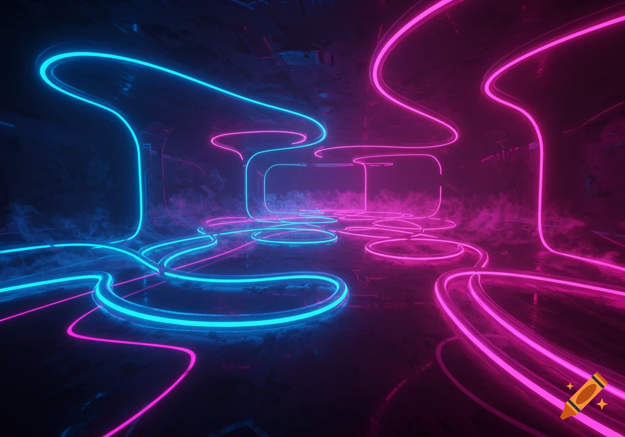 Abstract dark corridor with glowing blue and pink neon tubes and mist in a synthwave style.
