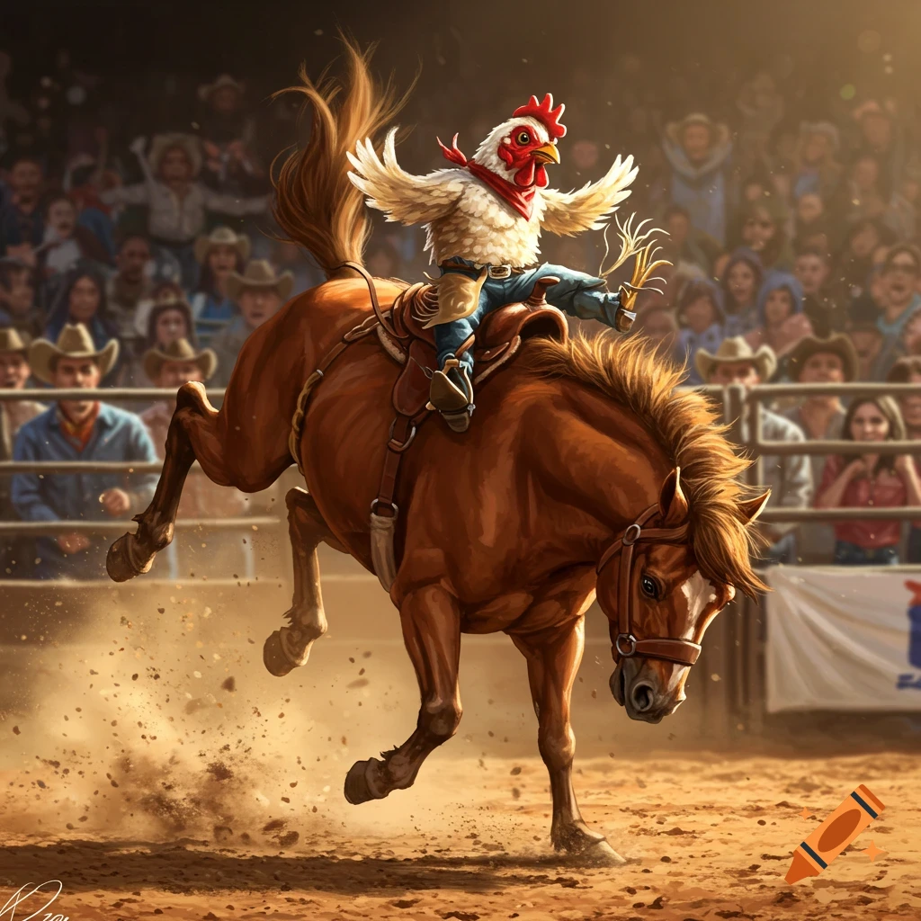 An anthropomorphic chicken in jeans and a bandana rides a bucking bronco in a rodeo arena, kicking up dirt, with spectators watching.