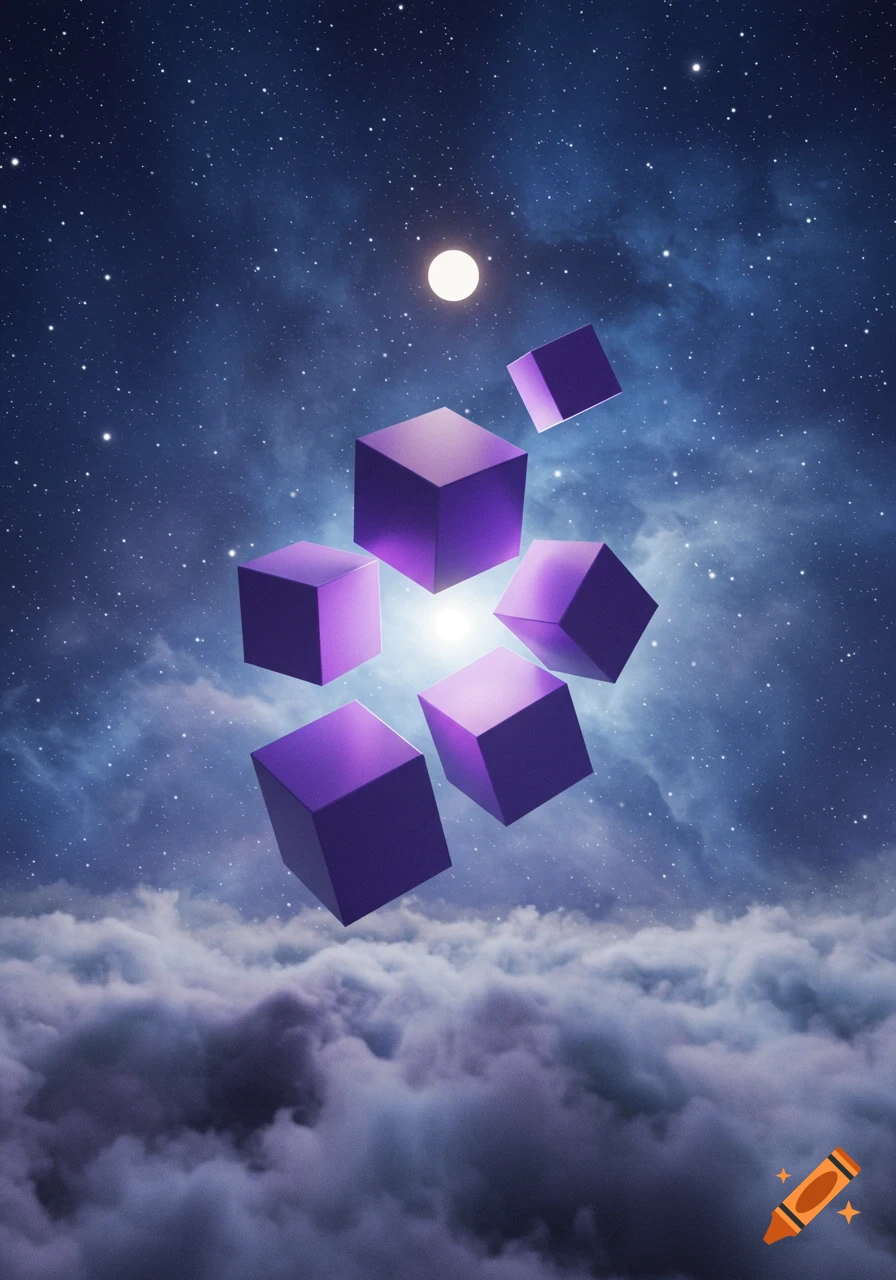 Six purple cubes float in a starry night sky above fluffy clouds, with a bright light and full moon.