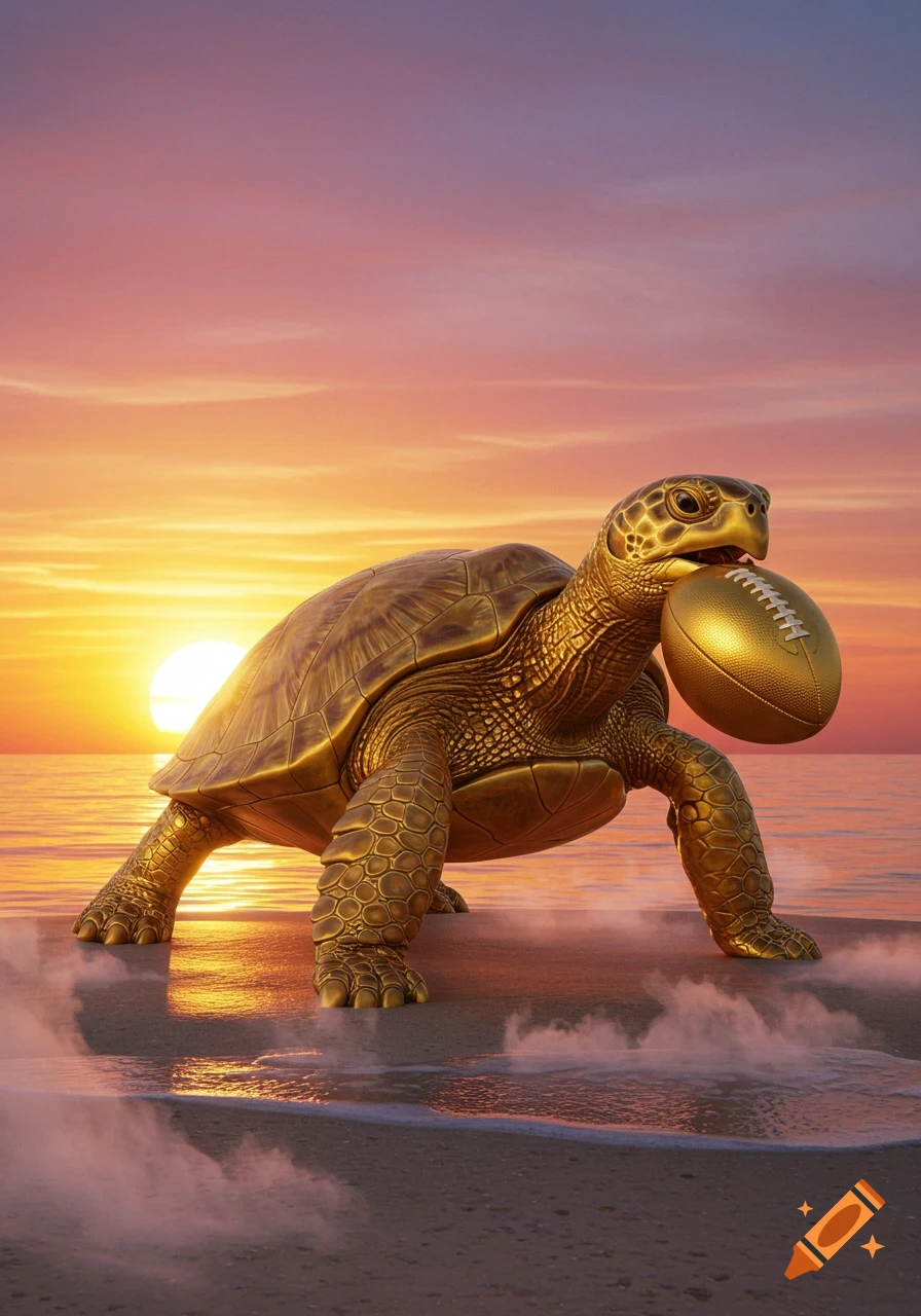Golden turtle holding a golden football in its mouth on a sandy beach with a colorful sunset over the ocean.