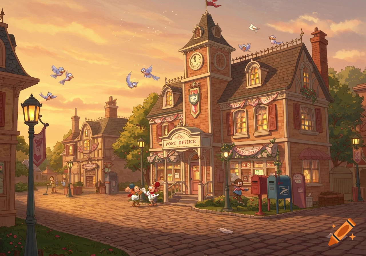 A charming cartoon village street at sunset, featuring a detailed post office with a clock tower. Mouse-like characters stroll, and birds fly with letters.
