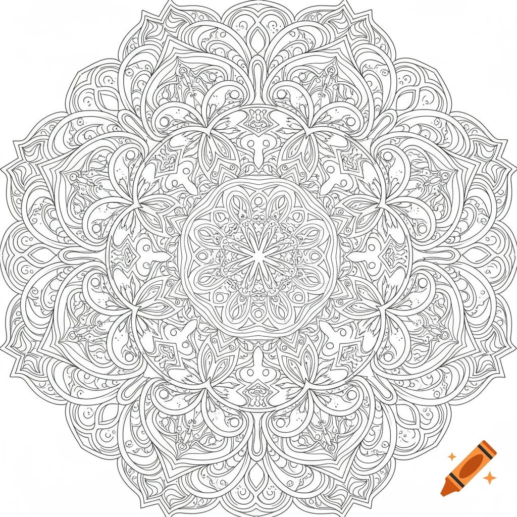 Intricate black and white mandala design, featuring symmetrical floral and geometric patterns, ideal for a coloring page.