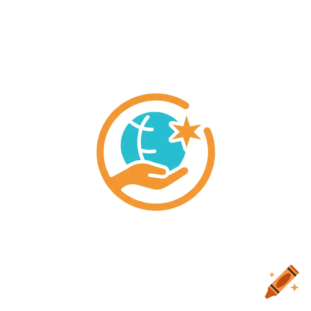 Logo with an orange hand holding a blue globe with a star inside an orange circular outline on a white background.