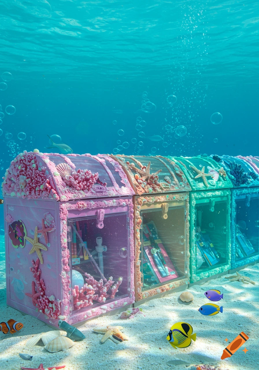 Vibrant, colorful school cubbies decorated with coral and shells sit on a sandy seafloor, surrounded by swimming fish and bubbles.