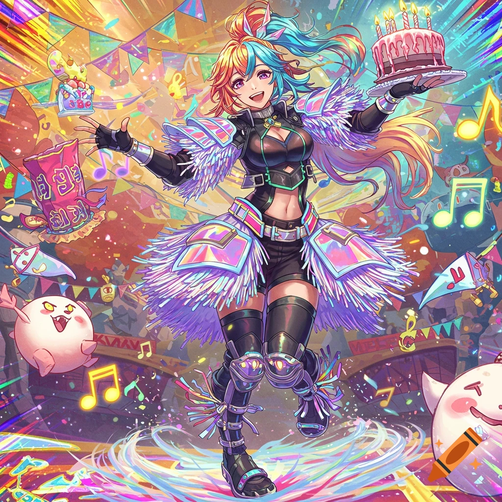Anime girl with vibrant blue and orange hair in a kpop-inspired festive outfit, holding a birthday cake amidst confetti and decorations.