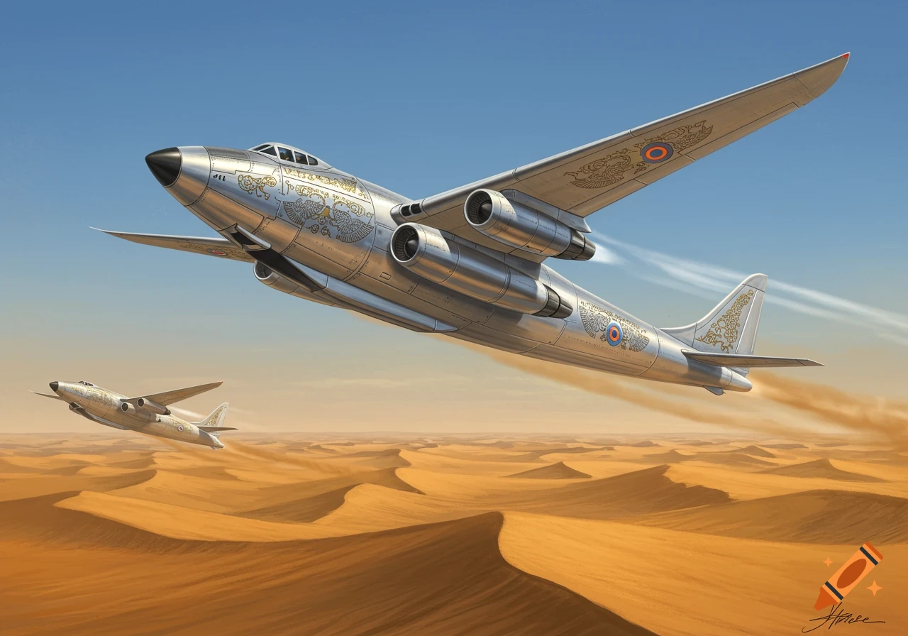 Two silver jet planes with intricate gold designs fly over vast sand dunes in a desert under a clear blue sky.