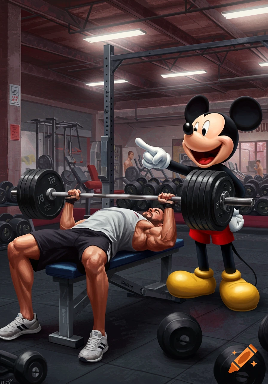 A muscular man bench-pressing heavy weights in a gym while Mickey Mouse stands next to him, pointing and laughing.