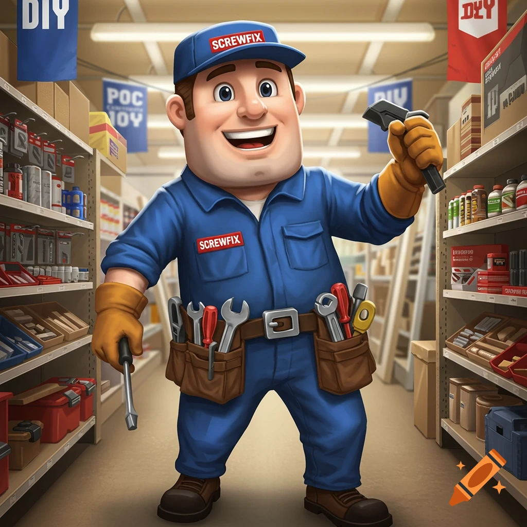 A smiling, cartoonish handyman in a blue jumpsuit with "SCREWFIX" logos, wearing a tool belt, stands in a brightly lit hardware store aisle holding a screwdriver and wrench.