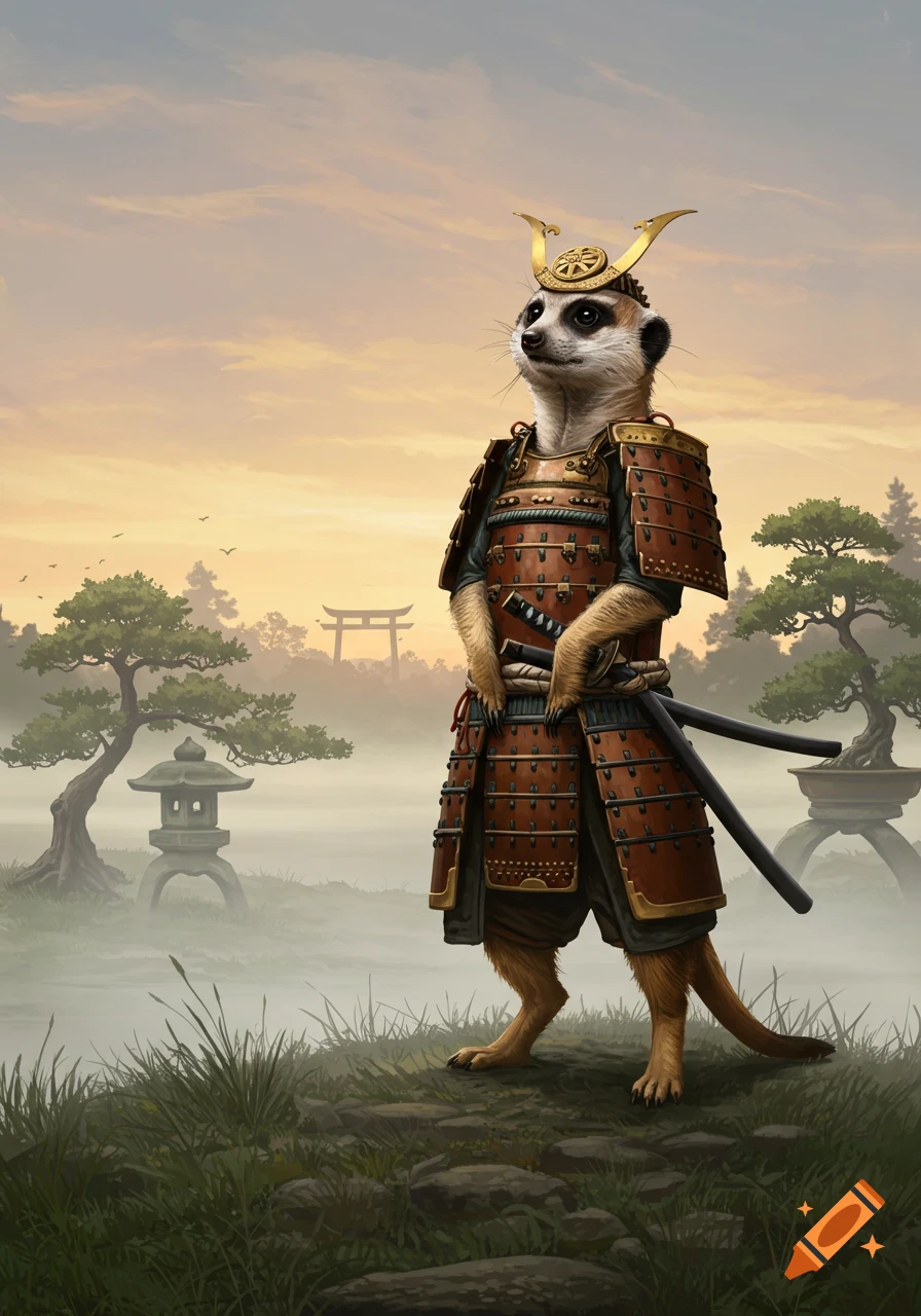 A meerkat dressed in samurai armor with a helmet and two katanas, standing in a misty Japanese landscape with trees, a stone lantern, and a torii gate.