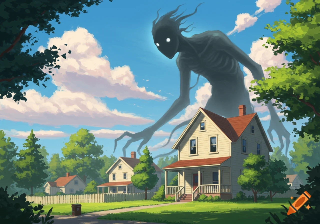 A colossal, shadowy monster with glowing eyes looms over suburban houses and trees on a sunny day in a stylized illustration.