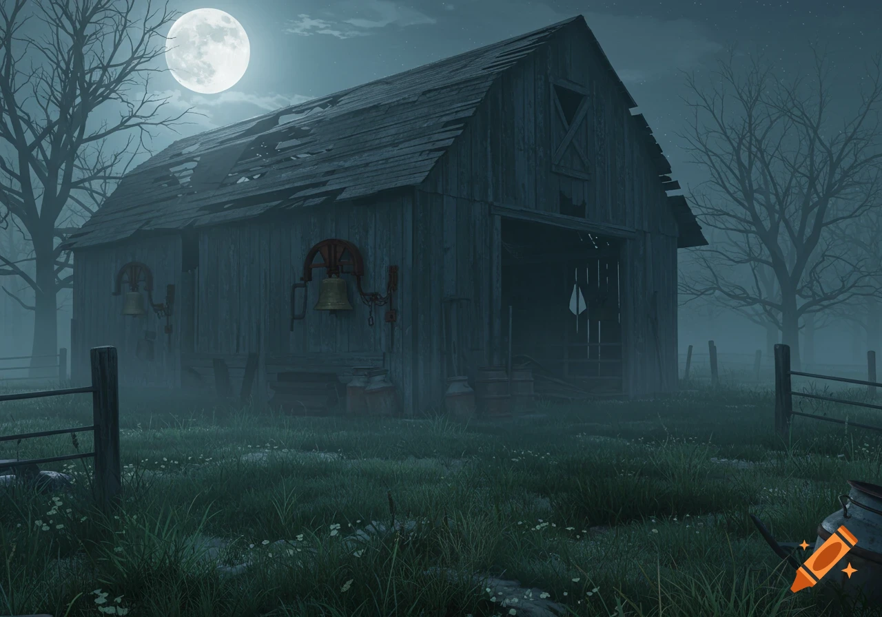 An old, dilapidated barn stands under a full moon at night, surrounded by bare trees and fog, creating an eerie, rural scene.