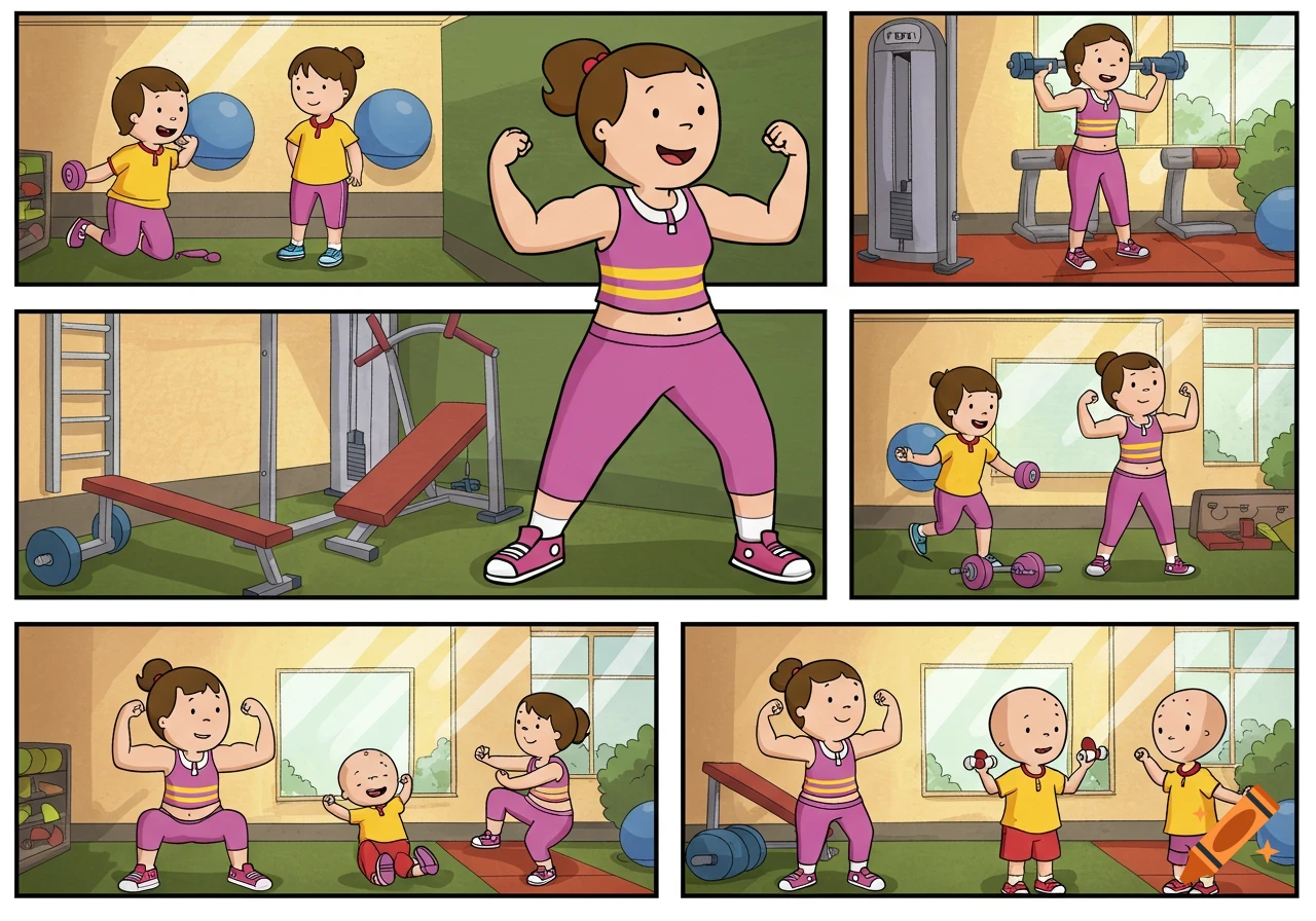A cartoon comic strip shows a mother and children exercising in a gym.