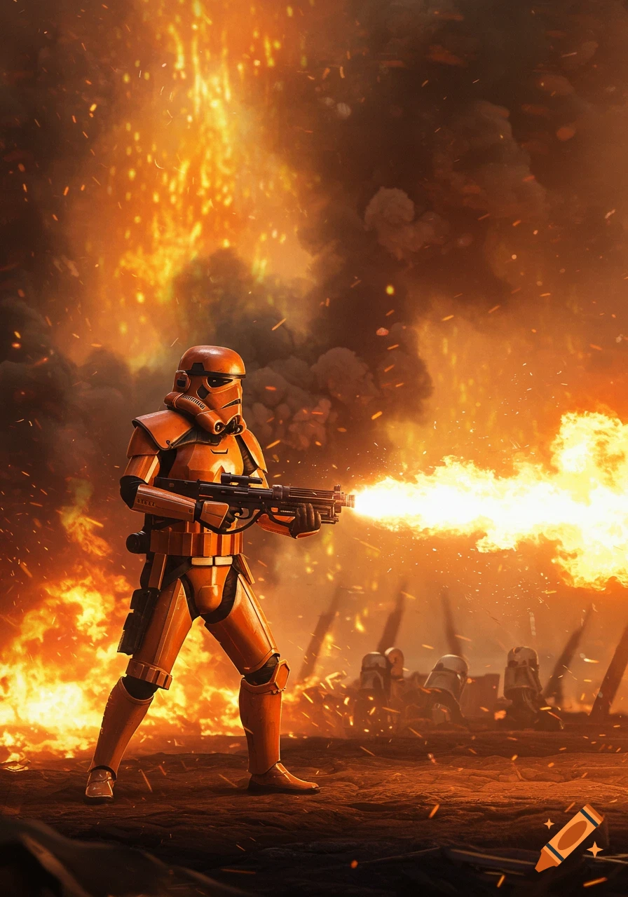 An orange stormtrooper fires a flamethrower amidst fiery explosions on a battlefield, with other troopers in the background.