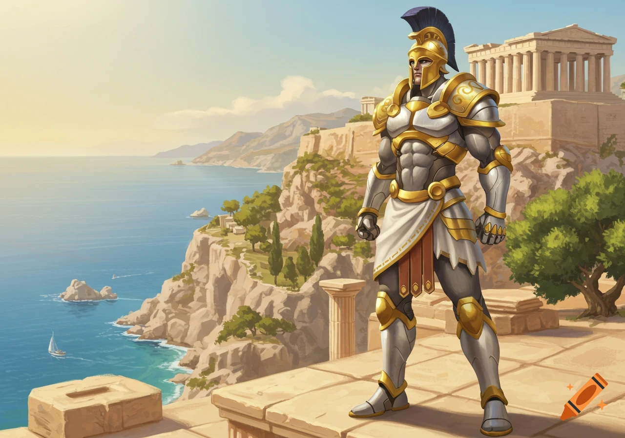 Stylized image of a muscular Greek hero in golden and silver armor, standing on a balcony overlooking the sea and a temple.