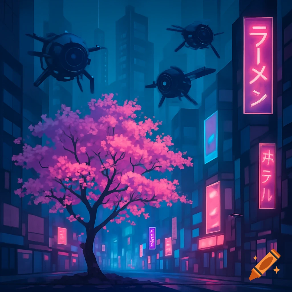 A cyberpunk cityscape at night with glowing neon signs, vibrant pink cherry blossoms, and dark drones flying above.
